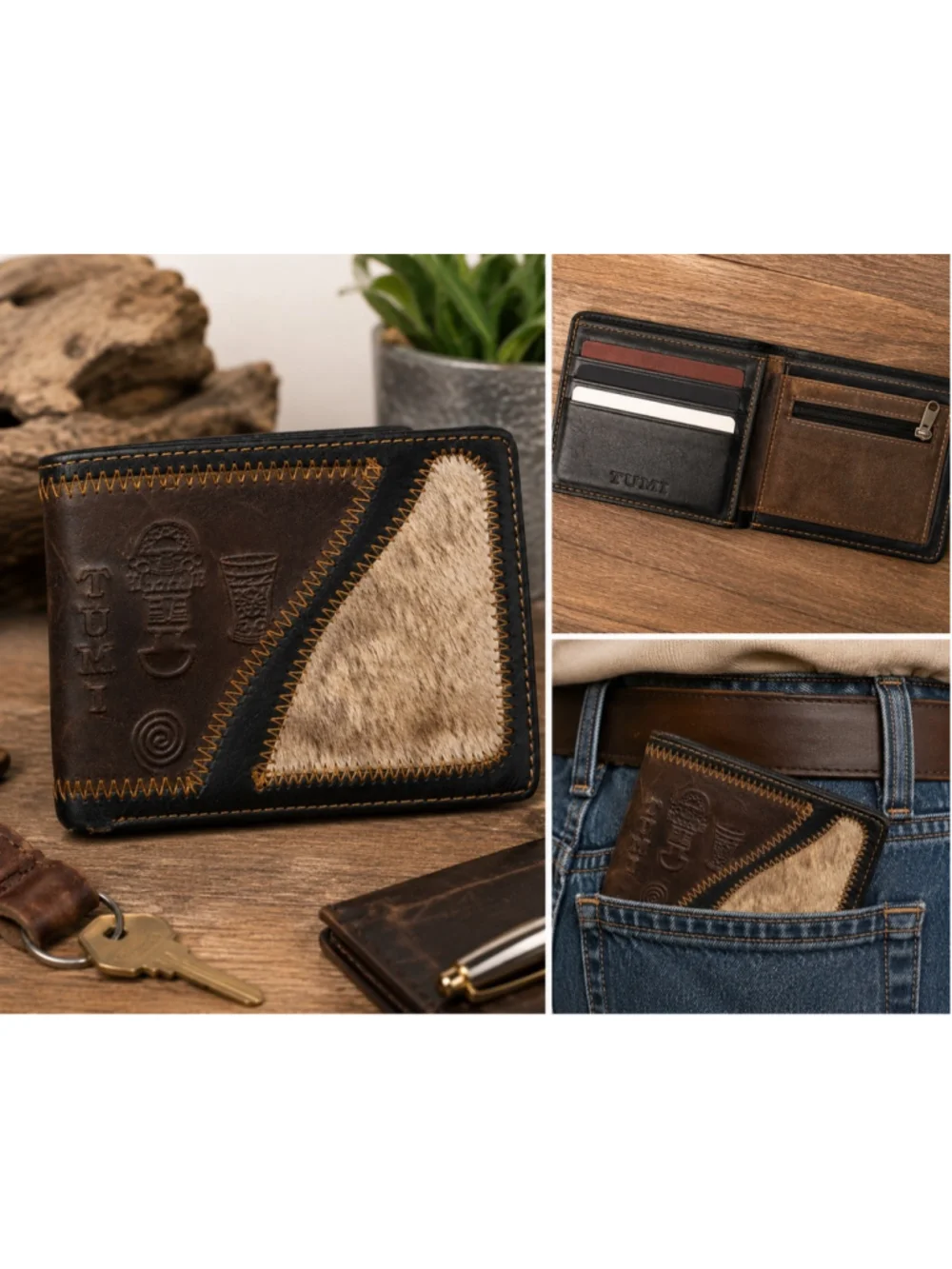 Tumi Leather Hair-On-Hide Bifold Wallet Brown Patchwork Southwestern Coin Zip